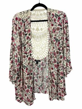Torrid Floral Crochet Back Kimono Cardigan Size 1X Boho Open Front